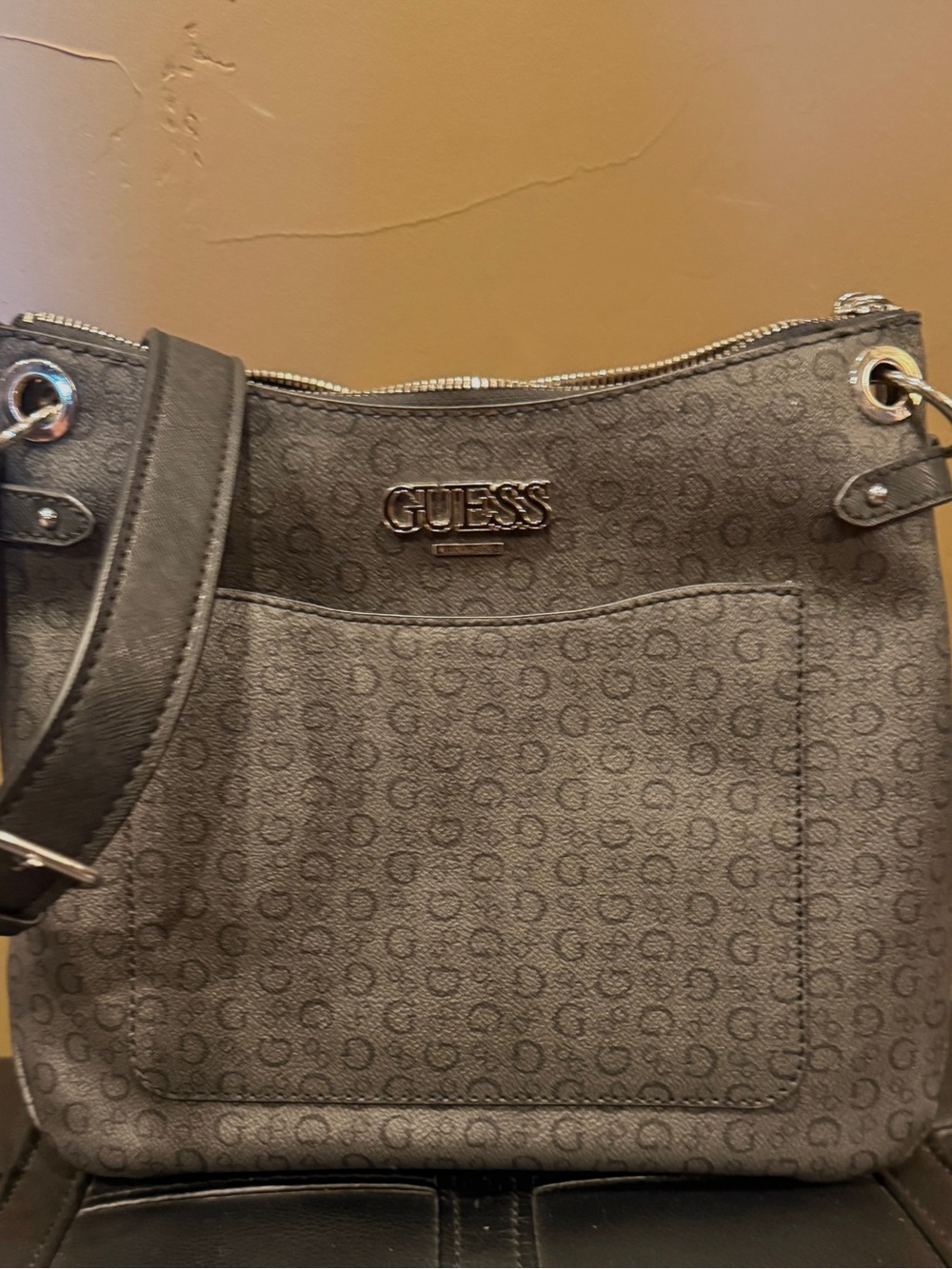 GUESS Gray Logo-Print Crossbody Bag with Metal Logo